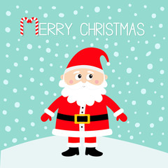 Merry Christmas. Santa Claus on snowdrift. Happy New Year. White moustaches, beard. Red hat. Cute cartoon funny kawaii baby character. Greeting card. Flat design. Blue snow background.