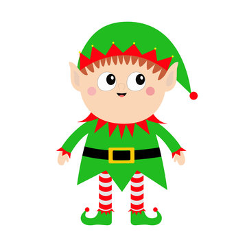 Merry Christmas. Santa Claus Elf icon. Green hat. Happy New Year. Cute cartoon funny kawaii baby character. Flat design. Isolated. White background.