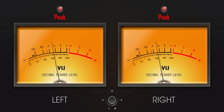 Analog VU meter with peak LED. Decibel power level. A volume unit - VU meter  left and right. Device displaying a representation of the signal level in  audio equipment. Vector illustration Stock