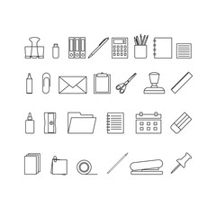 Vector outline icons of stationery. Stationery tools icons.