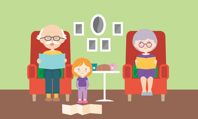 Living room, grandmother and grandfather sitting on chair and reading grandchild from book, vector, flat cartoon