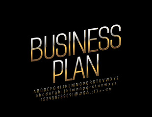 Vector stylish Sign Business Plan. Rotated exclusive Alphabet Letters, Numbers and Symbols. Golden Font. 