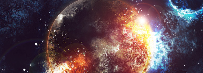 Cosmic abstract background with planets, explosions, flashes of light in the galaxy, stars, sparks. Space panorama. Abstract blue background © MiaStendal