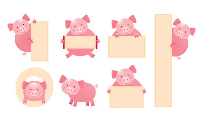 Pig Cartoon Character Holding Sign Set, Cute Vector Illustration with Copy Space