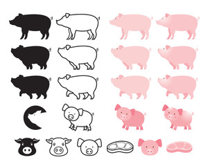 Pig Character Set, Line, Shape, Silhouette, Cartoon, Character