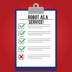 Handwriting text writing Robot As A Service. Concept meaning Artificial intelligence Digital assistance chat bot Lined Color Vertical Clipboard with Check Box photo Blank Copy Space