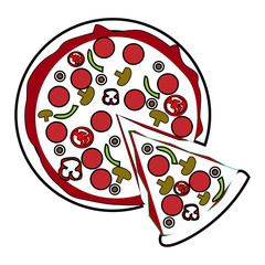 Stylized whole pizza with one slice partially removed