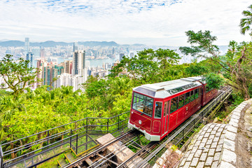 Victoria Peak Tram and Hong Kong Skyscraper Buildings with Victoria Harbour Background, Hong Kong