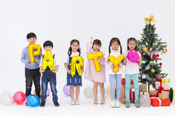 asian kids group christmas new year party isolated on white studio.