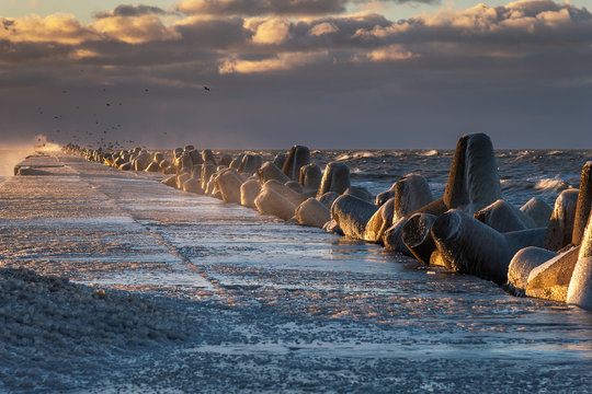 Stormy Baltic sea at Liepaja north mole, Latvia.