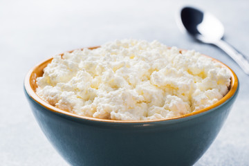 Homemade Cottage cheese in a ceramic bowl on a gray table.