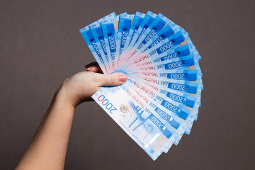 Woman hands holding stack of money. Fan of money in the hands.