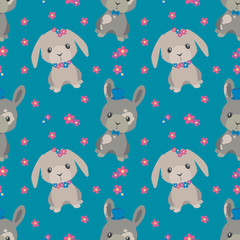 Cute cartoon style easter bunny with spring flowers on blue background seamless graphic illustration pattern