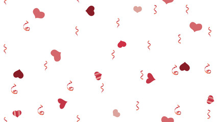 Scattered Red confetti. Element of packaging, textiles, wallpaper, banner, printing. Bright Pattern of Hearts and Serpentine. Vector Seamless Pattern on a White fond.