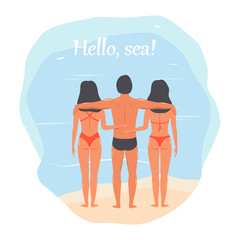 Hello, sea! people at sea. man hugs two girls on the beach. hand-drawn vector