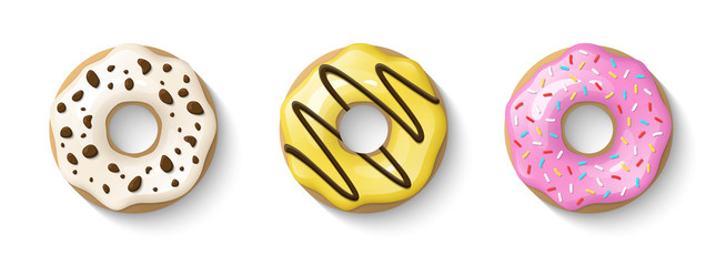 Donuts set isolated on a white background. Cute, colorful and glossy donuts with glaze and powder. Yellow, pink and vanilla glaze. Simple modern design. Realistic vector illustration. - obrazy, fototapety, plakaty