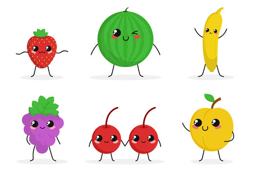 Cute funny food characters set isolated on white background. Fruits and berries collection. Healthy food. Strawberry, banana, grapes. Beautiful simple cartoon design. Flat style vector illustration.