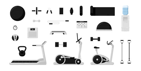 Gym fitness equipment set isolated on white background. Black and white color. Collection of modern training apparatus. Cute cartoon design. Simple flat style vector illustration.