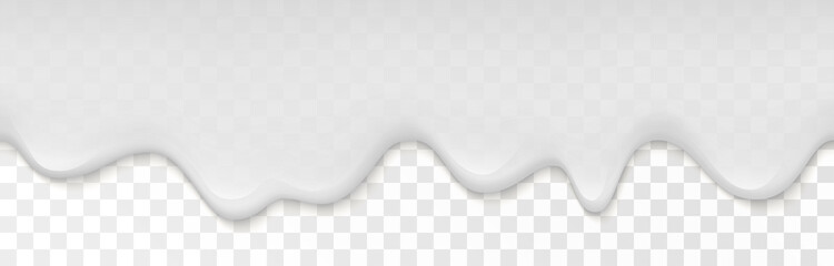 Creamy liquid, yogurt cream, ice cream or milk melting and flowing on transparent background. White creamy drips. Simple cartoon design. Template for banner or poster. Realistic vector illustration. - obrazy, fototapety, plakaty