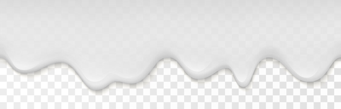 Creamy Liquid, Yogurt Cream, Ice Cream Or Milk Melting And Flowing On Transparent Background. White Creamy Drips. Simple Cartoon Design. Template For Banner Or Poster. Realistic Vector Illustration.