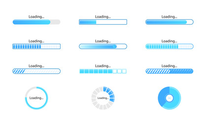 Loading icon set isolated on white background. Progress bar collection. Colorful icons for interfaces. Simple beautiful modern graphic design. Flat style vector illustration.