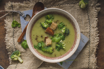Homemade broccoli soup, fresh vegetable in and crispy croutons