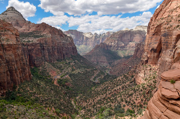 Bridge Mountain,  the Sentinel, Zion canyon and swithcbacks on Zion - Mount Carmel Highway panoramic view from Canyon Overlook