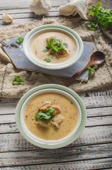 Creamy mushroom soup with fresh herbs garlic croutons