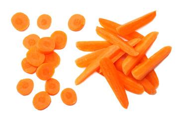group of organic small baby carrots isolated on a white background. Top view