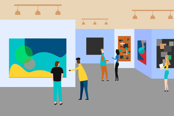 Art gallery. People regarding creative artworks or exhibits in museum. Vector illustration.