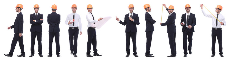 panoramic photo collage of confident architect isolated on white