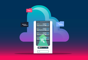 Cloud computing technology. Data center with hosting server racks. Website banner of business cloud computing. Modern vector illustration for web design.