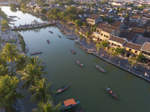 Aerial view of Hoi An old town or Hoian ancient town. Royalty high-quality free stock photo image top view rooftop of street walking in Hoi An city. Hoi An city is UNESCO world heritage site