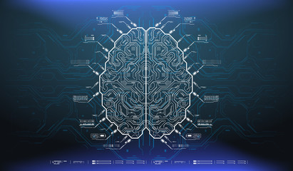 Futuristic design of an Artificial Intelligence brain with futuristic hud elements. Abstract glowing colorful digital brain with circuit background. AI and technology concept.