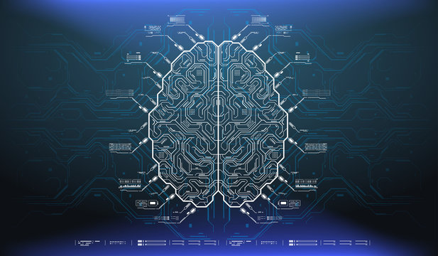Futuristic design of an Artificial Intelligence brain with futuristic hud elements. Abstract glowing colorful digital brain with circuit background. AI and technology concept.