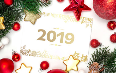 Fototapeta na wymiar 2019 new year's eve holidays greeting card with decoration on background