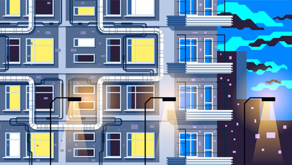 Night cityscape. Flat design modern vector illustration of urban landscape and city life. Building illustration.