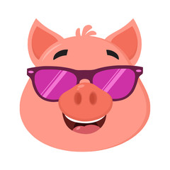 Smiling Pig Cartoon Character Face Portrait With Sunglasses. Vector Illustration Flat Design 
