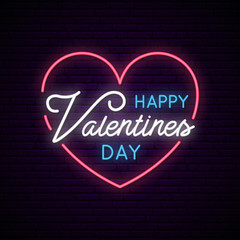 Valentines Day with neon heart and text. Bright signboard. Festive banner.