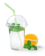 Lemonade or mojito cocktail with lemon and mint, cold refreshing drink on a white background