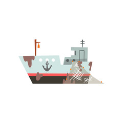 Fishing boat, trawler for industrial seafood production, retro marine ship vector Illustration