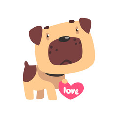 Funny Pug dog holding pink heart, cute Valentine animal character vector Illustration