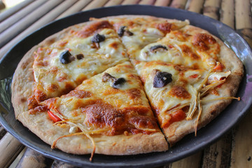 Close up of mushroom pizza