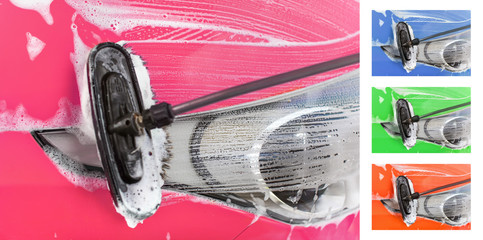 Car front light being washed in self serve car wash, brush leaving strokes in shampoo foam on...