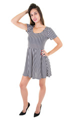 full length portrait of a beautiful girl in a white black dress