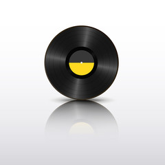 Realistic Black Vinyl Record with mirror reflection. Retro Sound Carrier. Yellow label LP record. Musical long play album disc 78 rpm. old technology isolated on white background