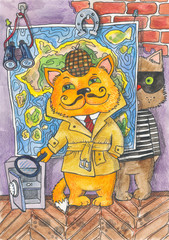 cat detective and cat-bandit. Watercolor illustration about the investigator and the robber.