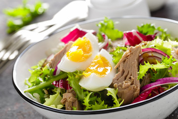 Tuna salad in bowl. Mediterranean food. Fresh salad with canned tuna fish. Healthy diet food