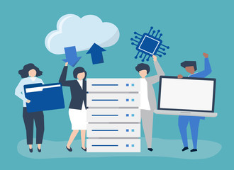 Characters of people with data storage icons illustration