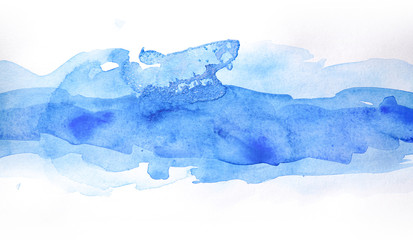 Blue watercolor strip band, on white background isolated. Hand-drawn blot on white background...